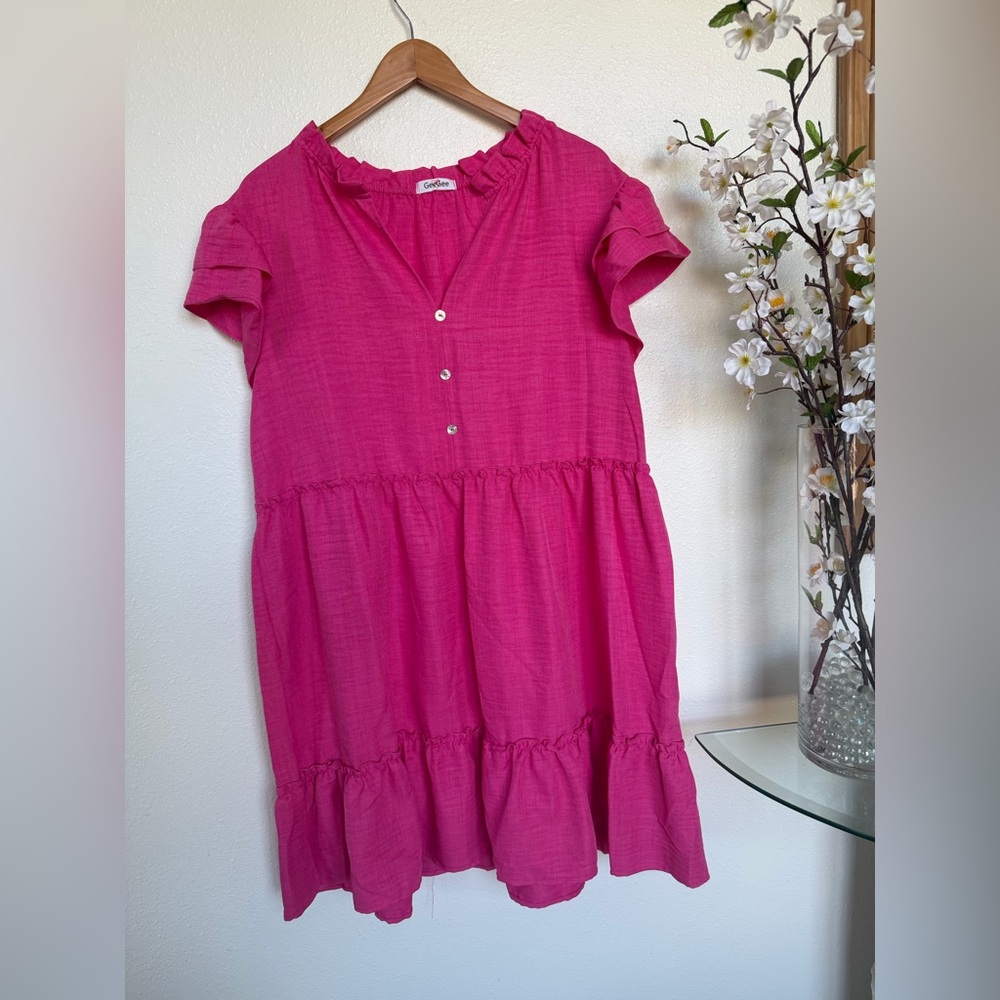 GeeGee Women's Bright Pink Short Sleeve Tiered Mini Dress